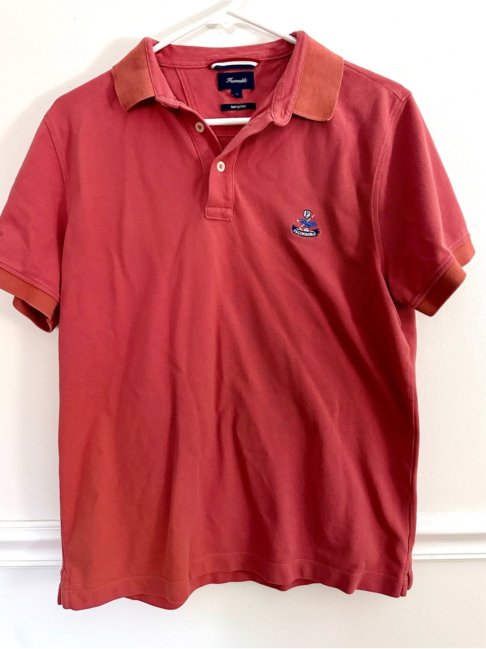 Faconnable Mens Large Coral Pink Pima Cotton Short Sleeve Polo Shirt Crest Logo